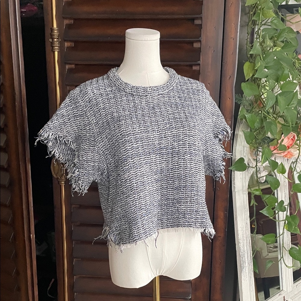 IRO Cropped Tweed Blue Black Raw Hem Top 38 Small Medium - Picture 2 of 9